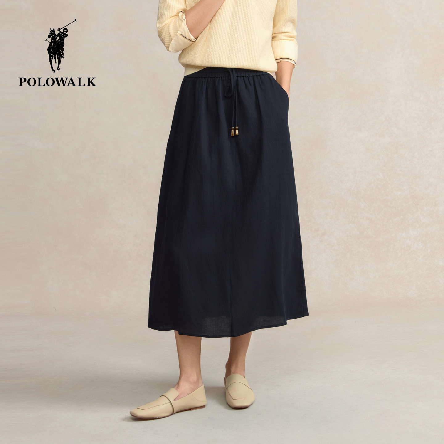 POLOWALK女装2026春夏新款女士半身裙松紧腰直筒亚麻混纺半裙百搭