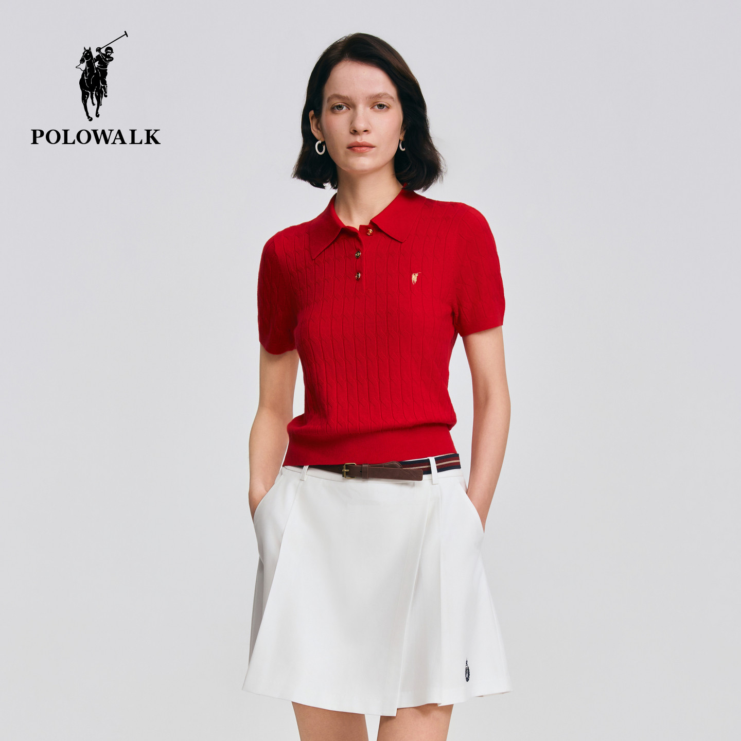 POLOWALK女士短袖针织衫2026春夏新款绞花红色T恤套头针织衫上衣