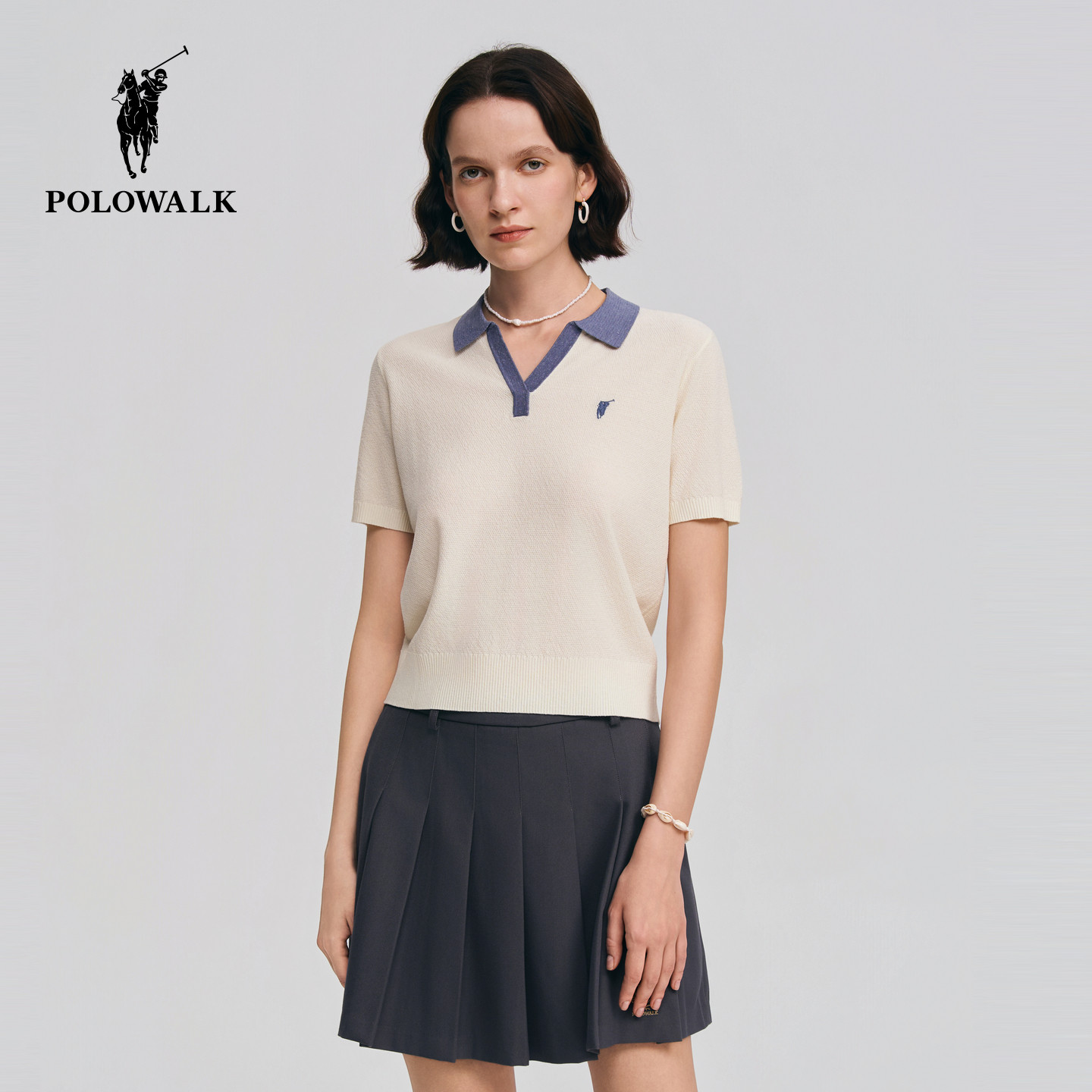 POLOWALK女士短袖针织衫2026夏季新款亚麻混纺V领显瘦针