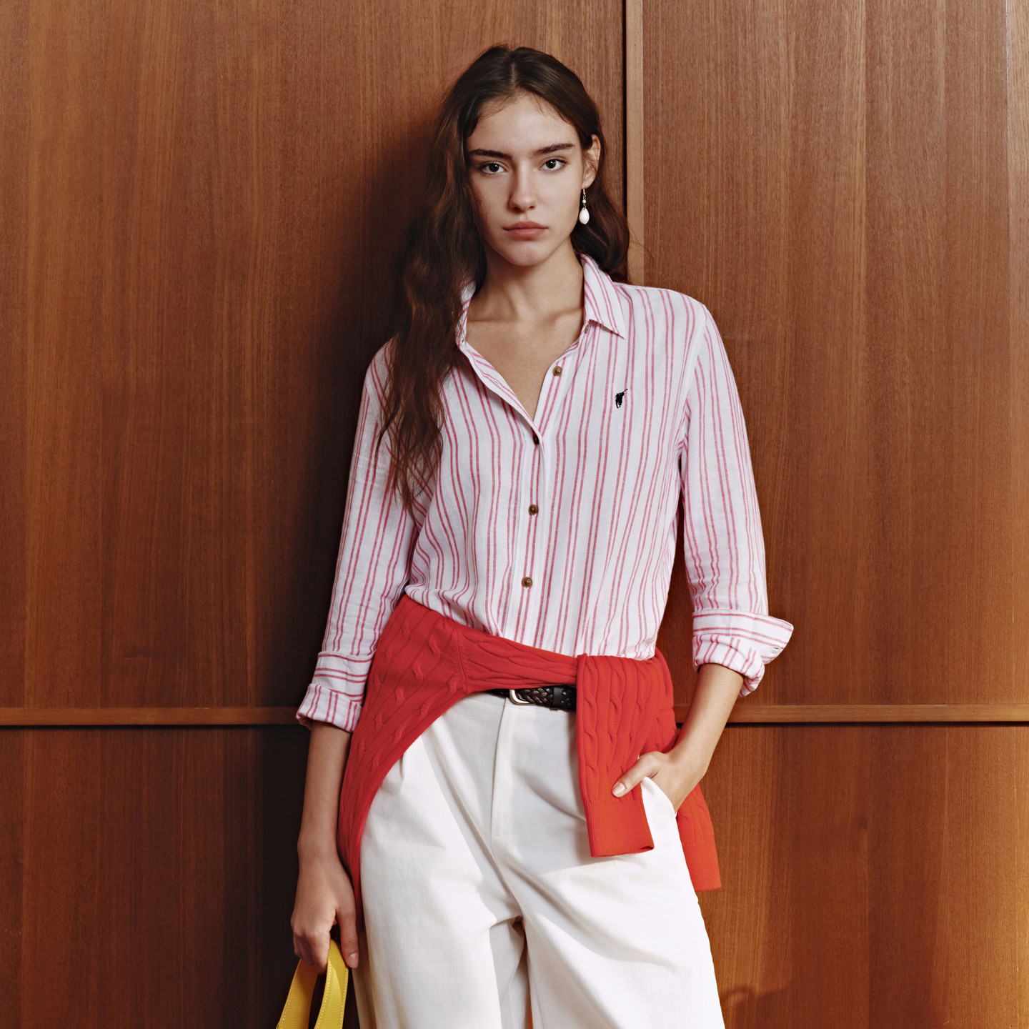 POLOWALK女士衬衫2026春季新品亚麻混纺时尚双条纹翻领长