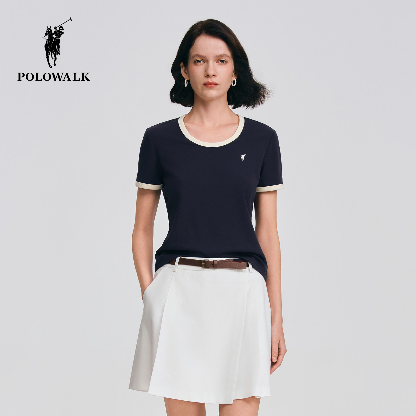 POLOWALK女士短袖2026夏季新款时尚撞色大圆领短袖休闲百