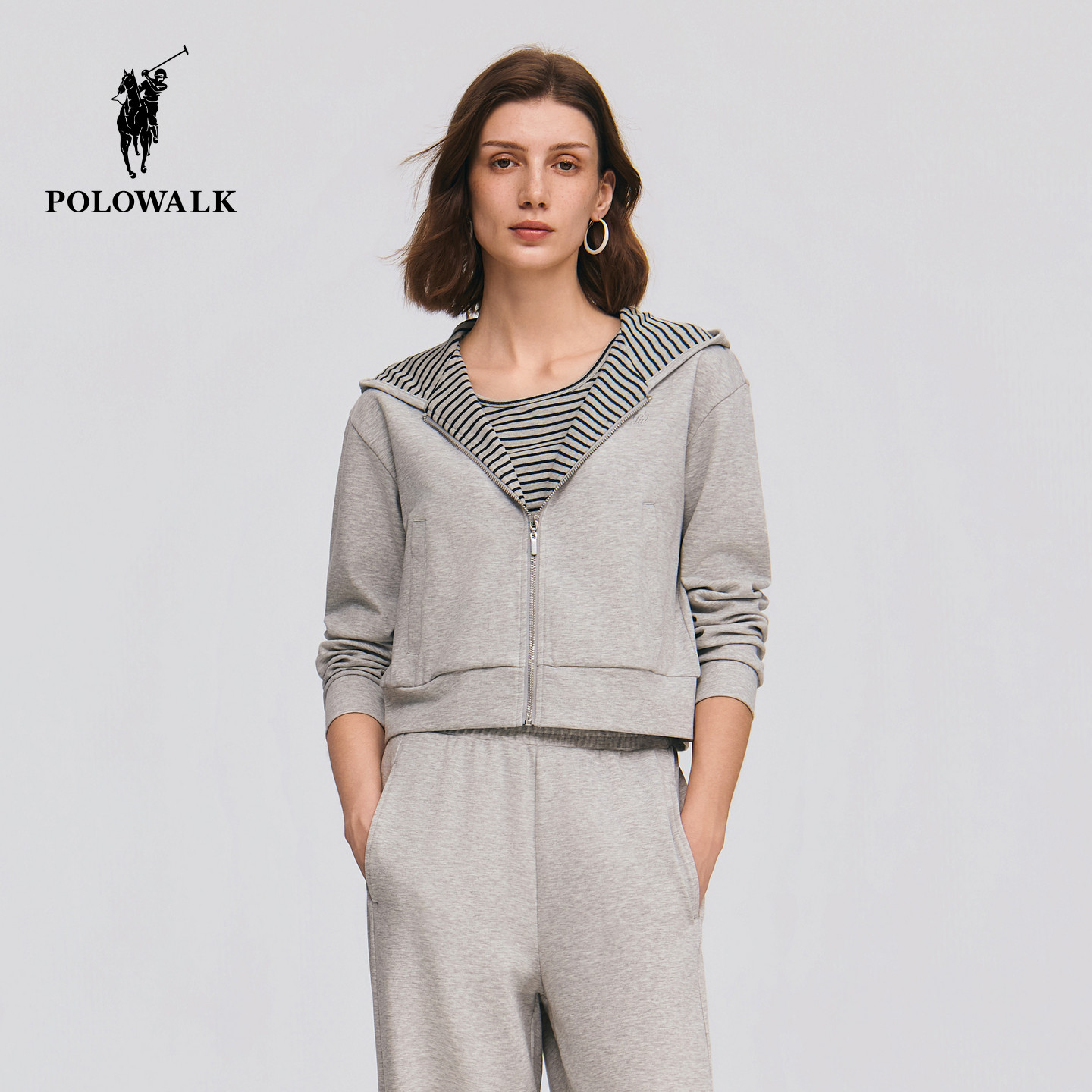 【套装】POLOWALK女士卫衣2026春季新款简约连帽开衫外套直筒裤