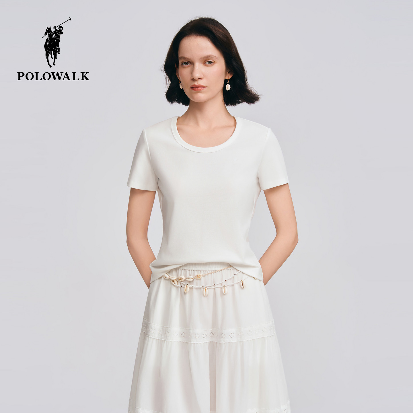 POLOWALK女士短袖2026夏季新款简约纯色U领百搭休闲通勤短袖T恤