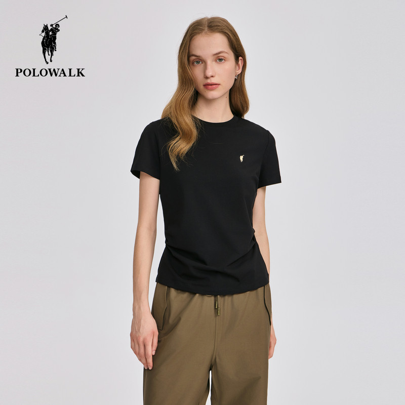 POLOWALK短袖圆T恤女士2026夏季新款休闲百搭打底衫修身圆领上衣