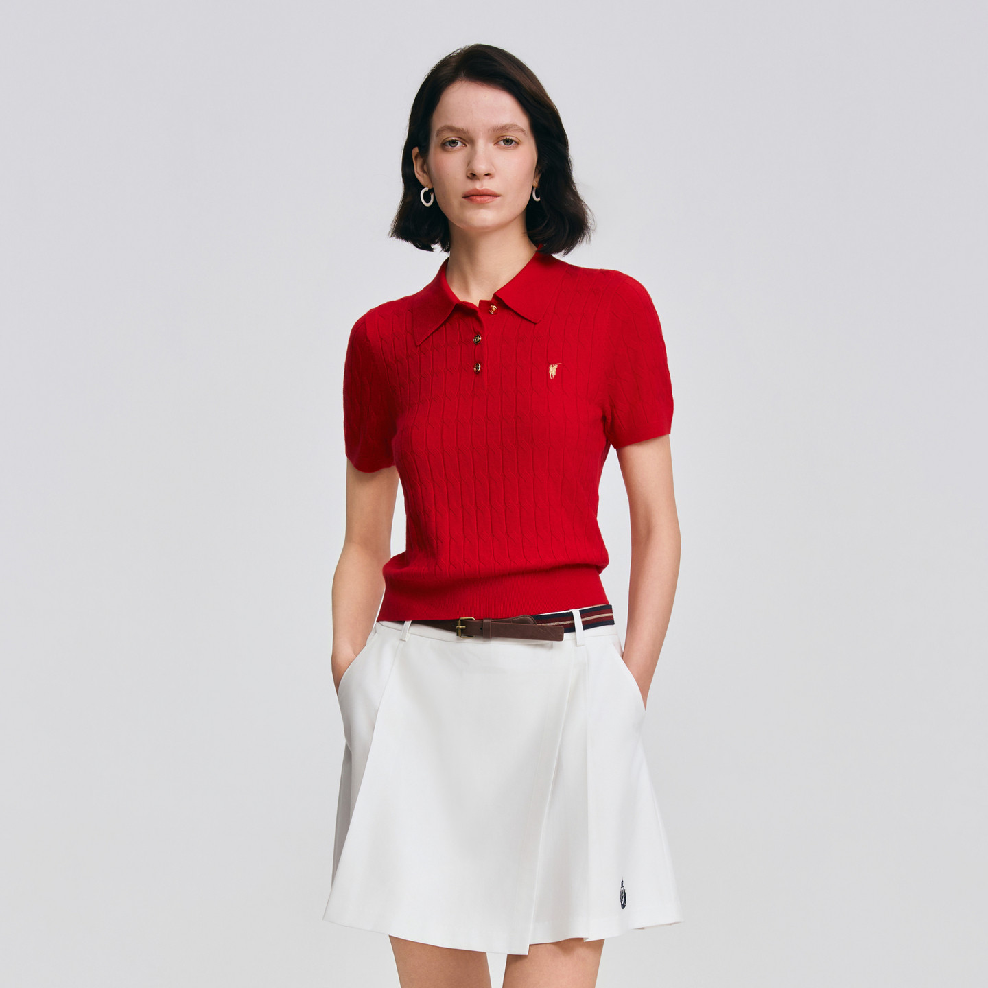 POLOWALK女士短袖针织衫2026春夏新款翻领绞花红色T恤套头针织衫