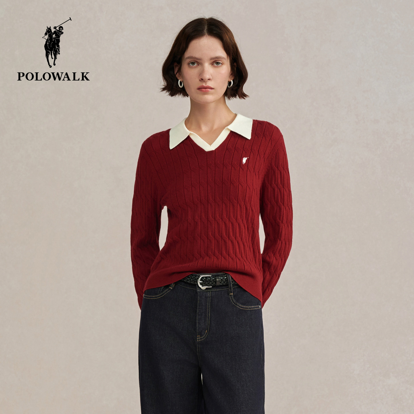 【特惠】POLOWALK新年毛衣2026春季女士长袖针织衫V领红