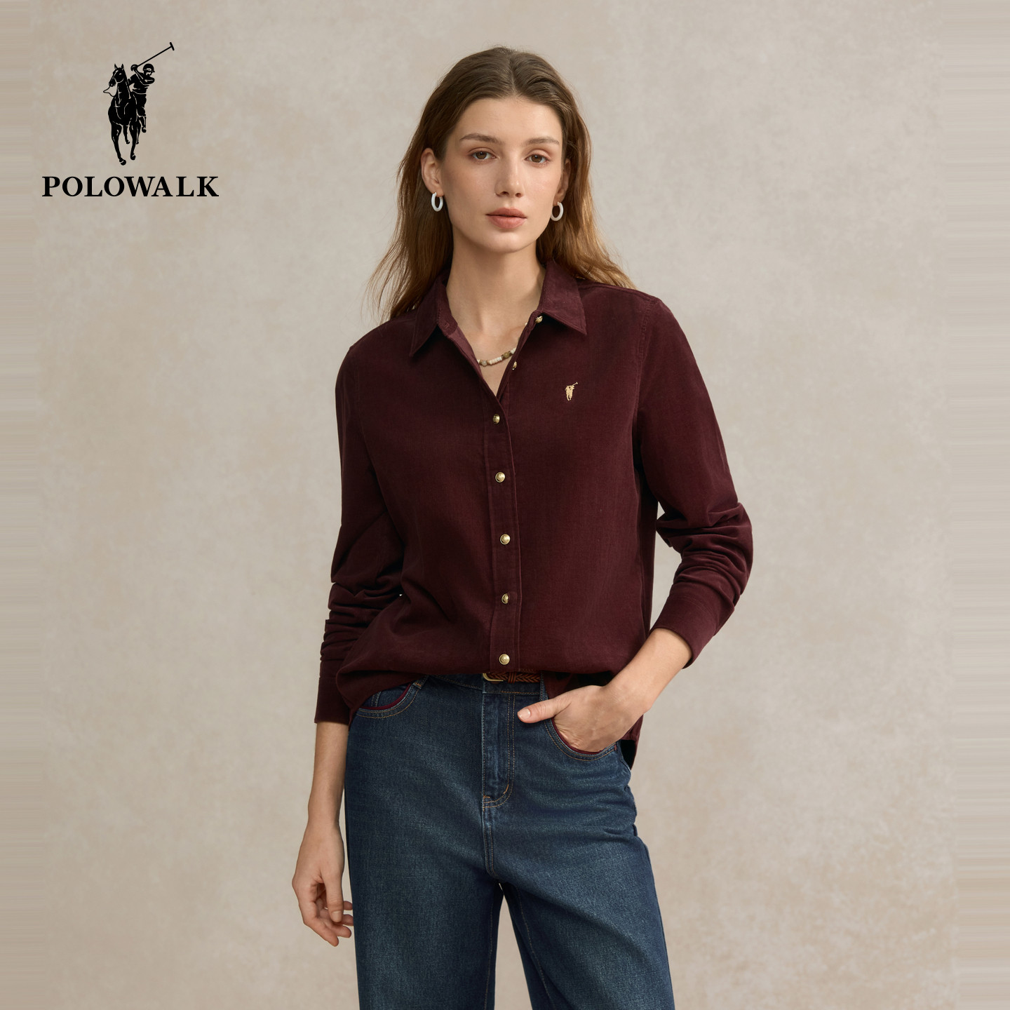 POLOWALK纯棉灯芯绒衬衫女士百搭衬衣外套长袖内搭秋冬新款