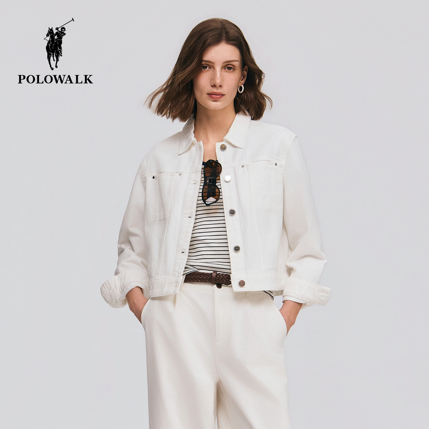 【100%棉】POLOWALK女装2026春季新款女士牛仔外套白色翻领短外套