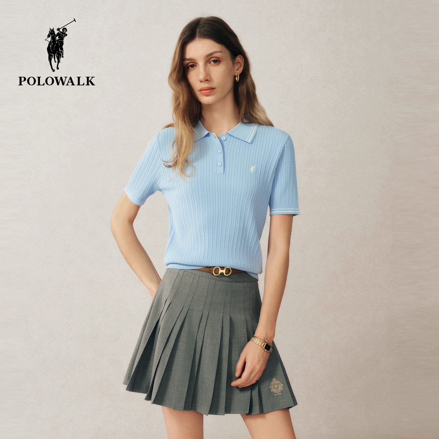 POLOWALK女士短袖针织衫2026夏季新款翻领针织t恤百搭上衣