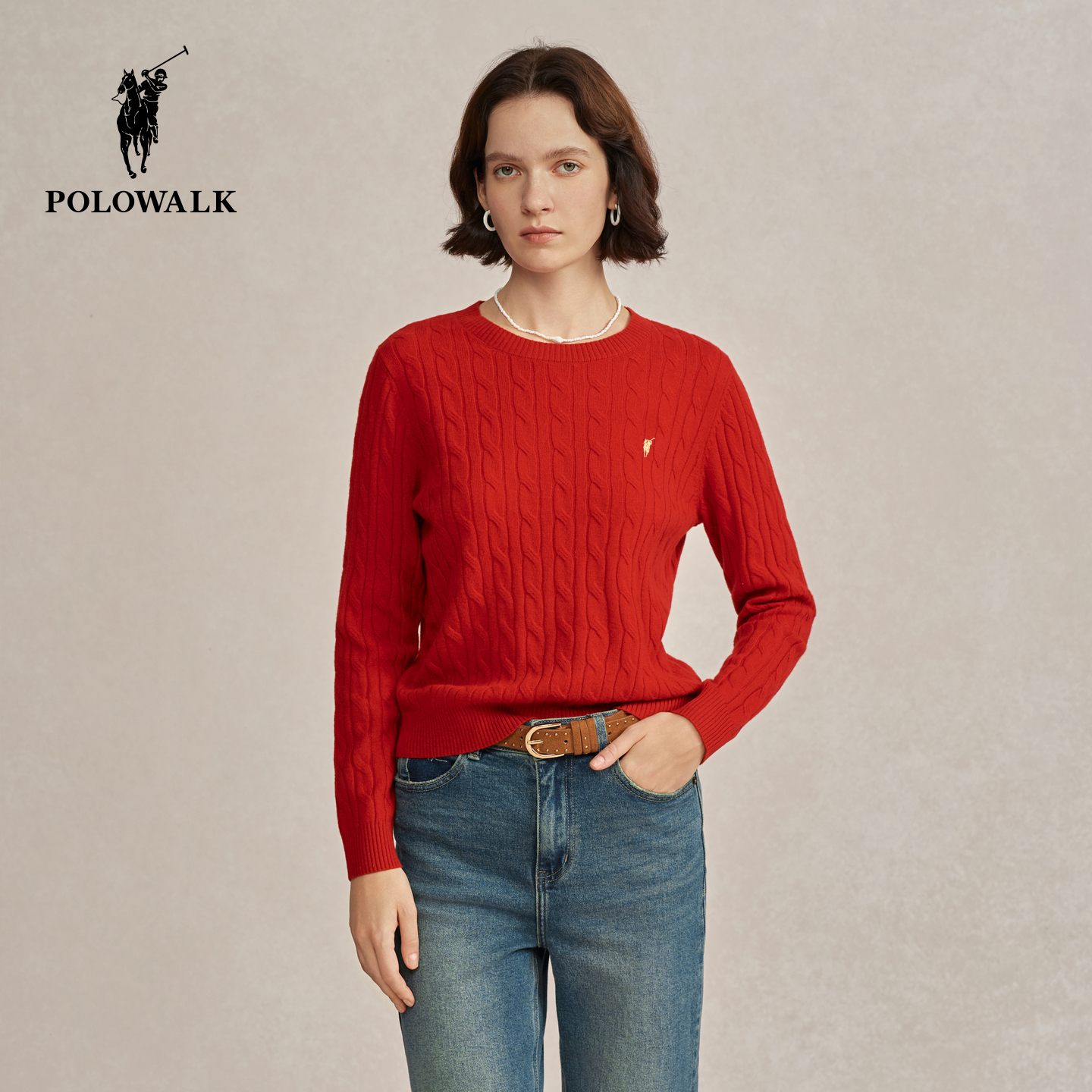 POLOWALK女士羊毛衫圆领针织毛衣