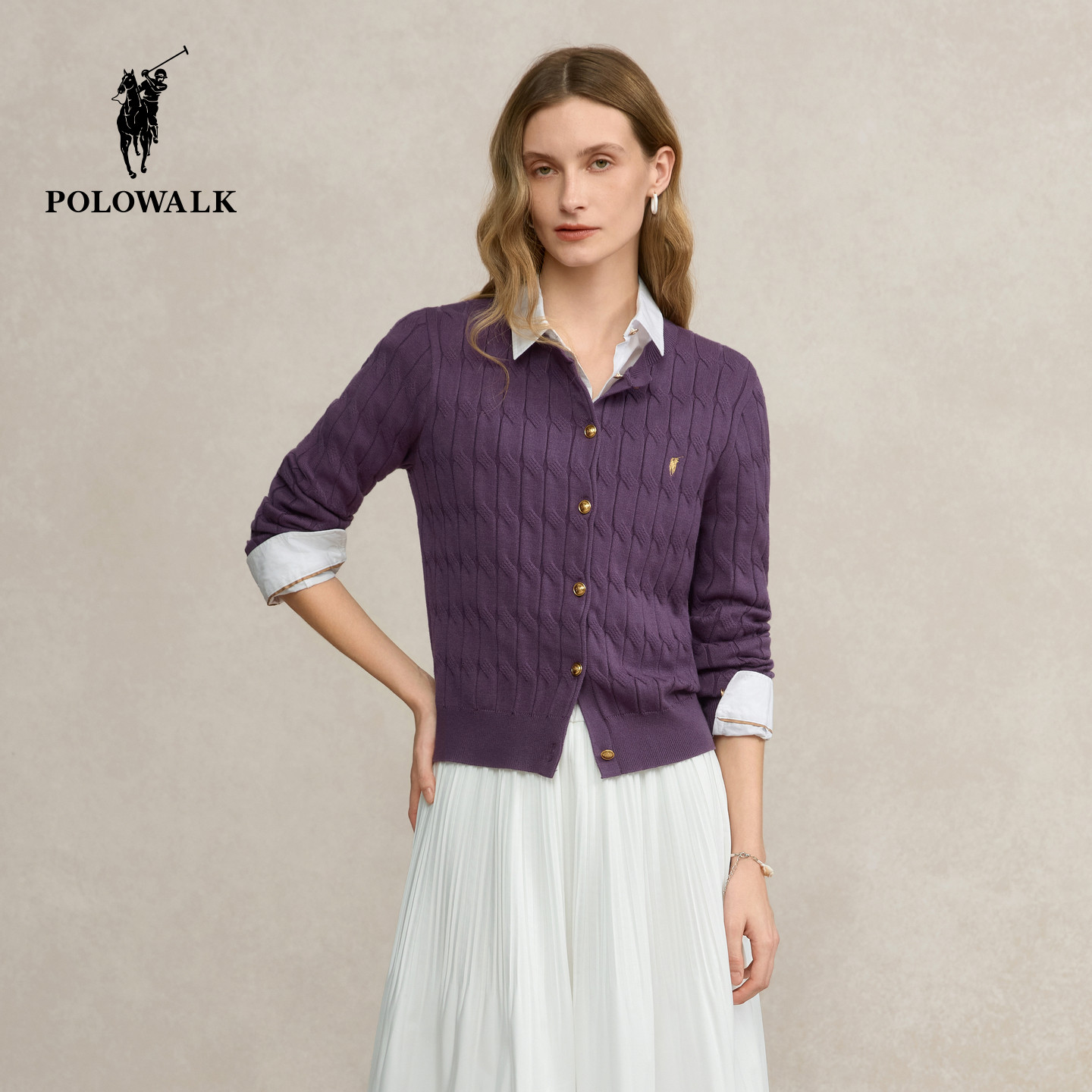 POLOWALK女装2025秋冬新款女式长袖针织衫绞花开衫修身圆领毛衣