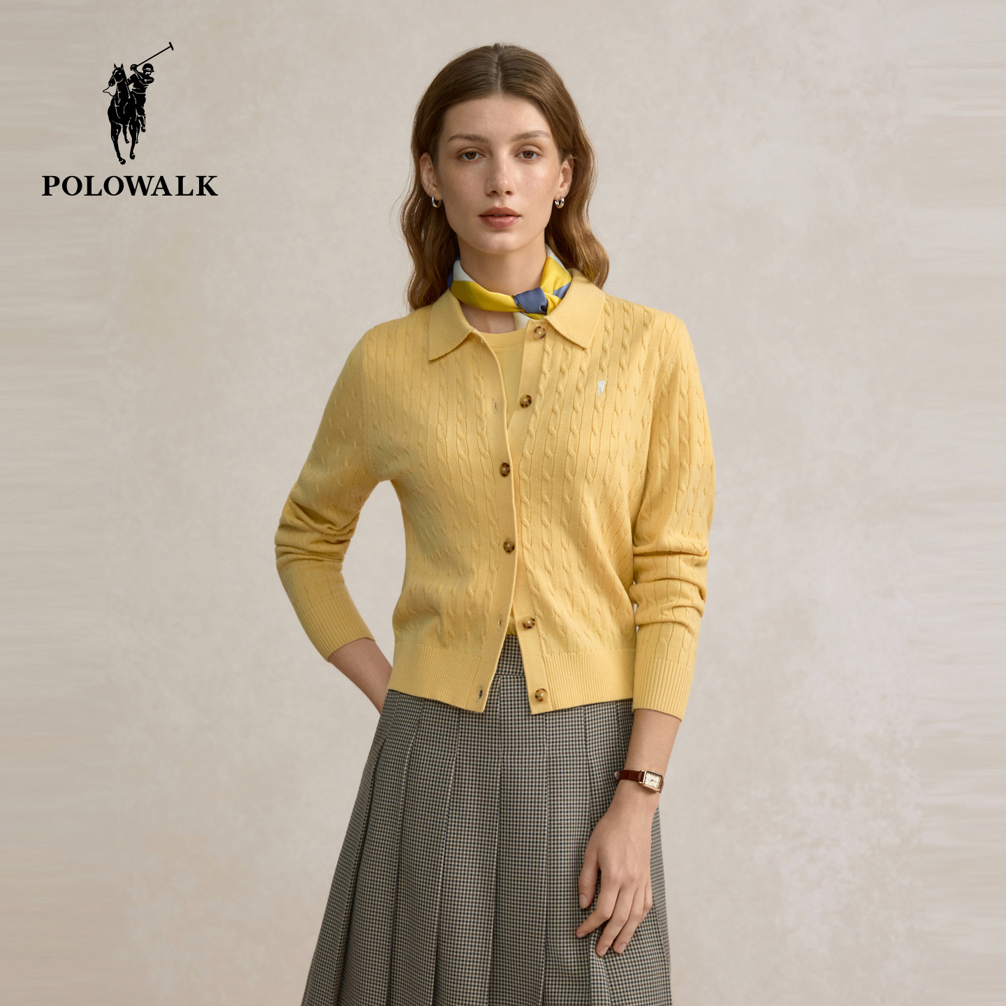 POLOWALK女士长袖针织衫2026春季新款绞花翻领开衫上衣收腰外套