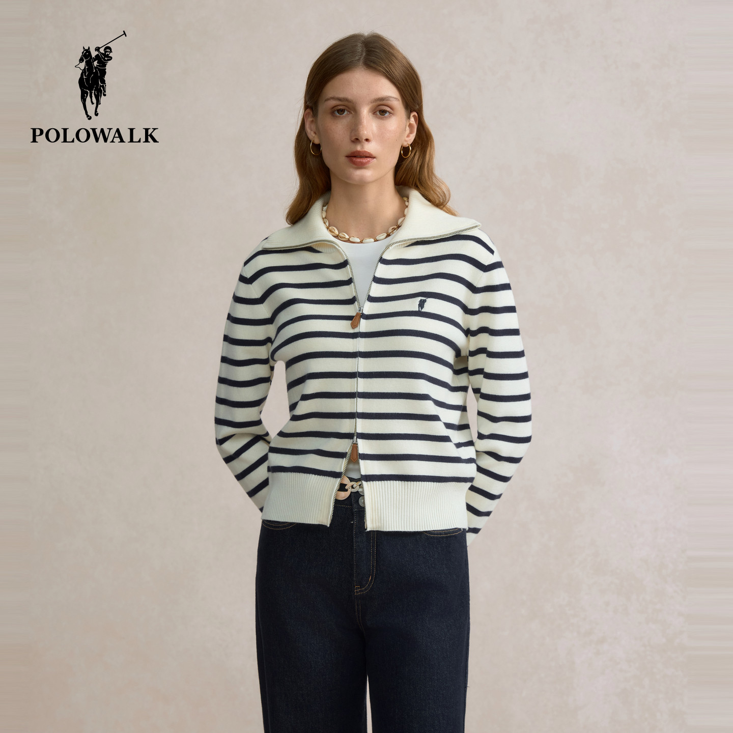 POLOWALK女装2025秋冬新款毛衣拉链开衫条纹针织衫女士休闲外套