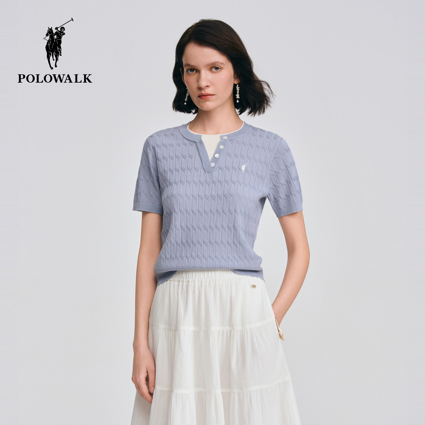 POLOWALK女士短袖针织衫2026夏季新款拼接圆领假两件绞花针织T恤