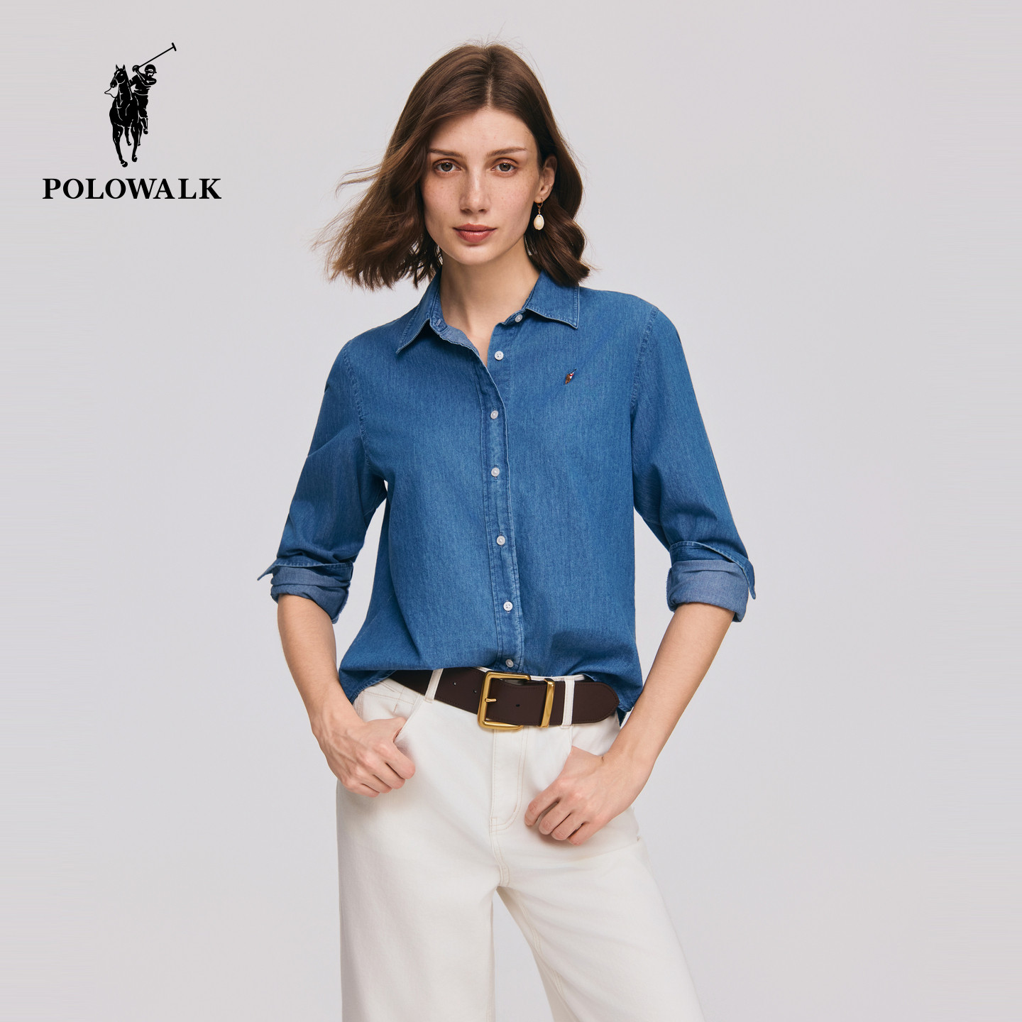 【100%棉】POLOWALK女装牛仔衬衫外套2026秋季新款通勤衬衫上衣