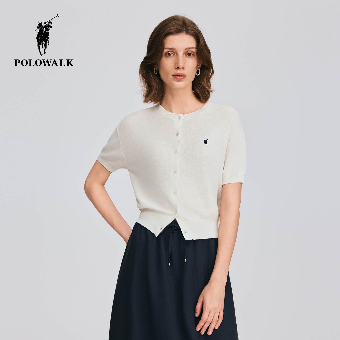 POLOWALK女士短袖针织衫2026夏季新款圆领白色开衫通勤百搭上衣