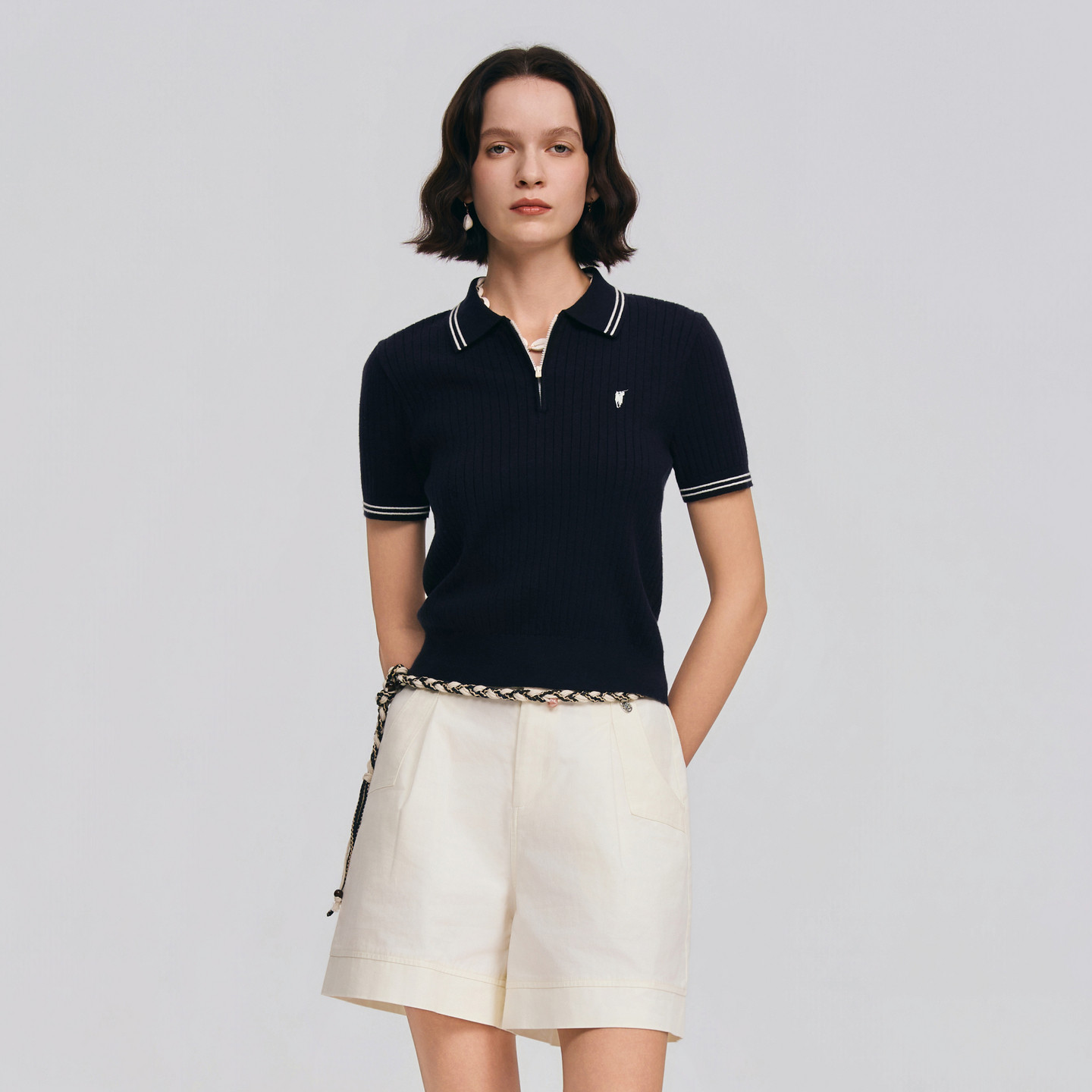 POLOWALK女士短袖针织衫2026春夏新款撞色翻领半拉链休闲T恤上衣