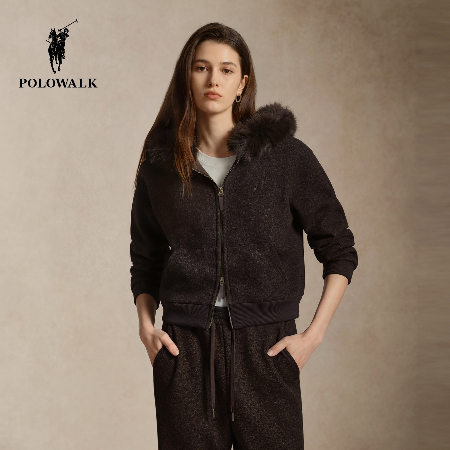 【套装】POLOWALK女式卫衣 2026冬季新品连帽加绒毛领开衫外套