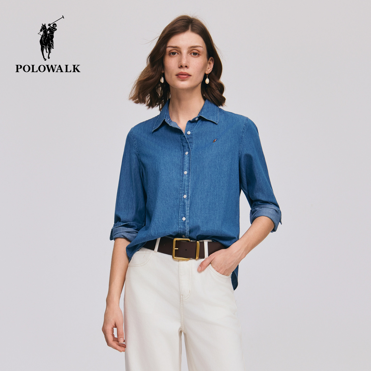 【100%棉】POLOWALK女士长袖衬衫2026夏季新款外套时尚休闲牛仔衫