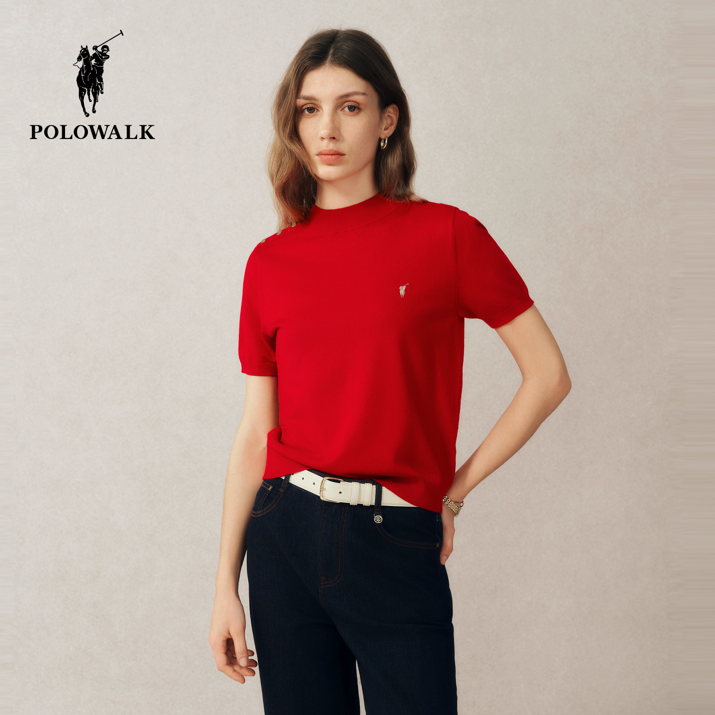 POLOWALK女士短袖针织衫25夏新款半高领针织T恤红色显瘦休闲上衣