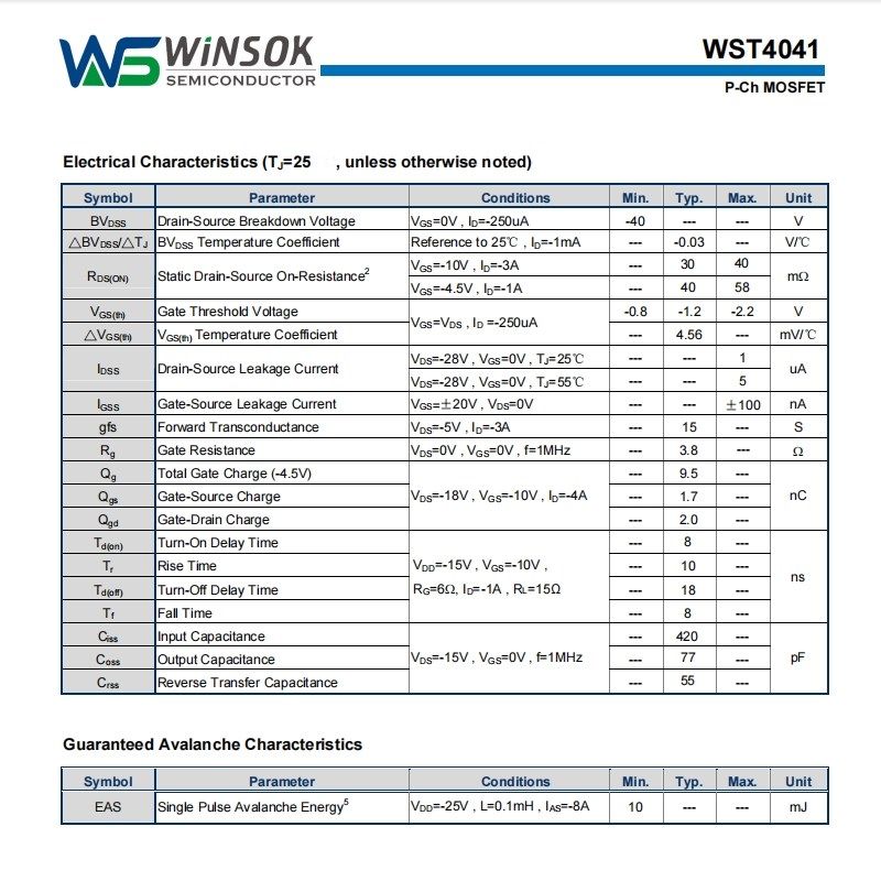 WST4041 SOT23 P沟道场效应管 MOS管 40V 6A WINSOK/微硕原装