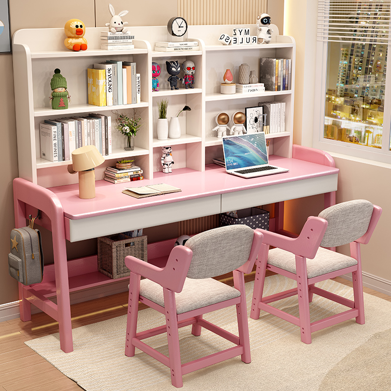 实木双人书桌书架一体儿童学习桌简约家用多功能学生写字桌课桌椅