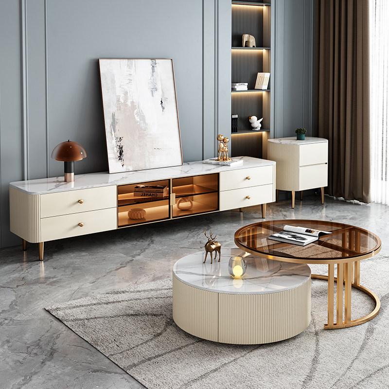 电视柜客厅家用现代简约轻奢奶油风2023新款岩板茶几边柜组合