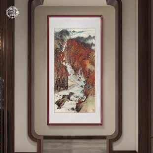 关山月山水画秋溪放筏新中式玄关装饰画竖版走廊尽头挂画国画名画