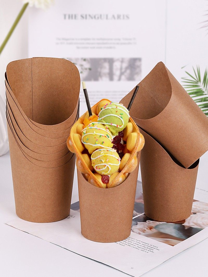 牛皮纸斜口杯鸡蛋仔纸杯外卖打包薯条冰淇凌鸡米花蛋仔纸杯包装盒