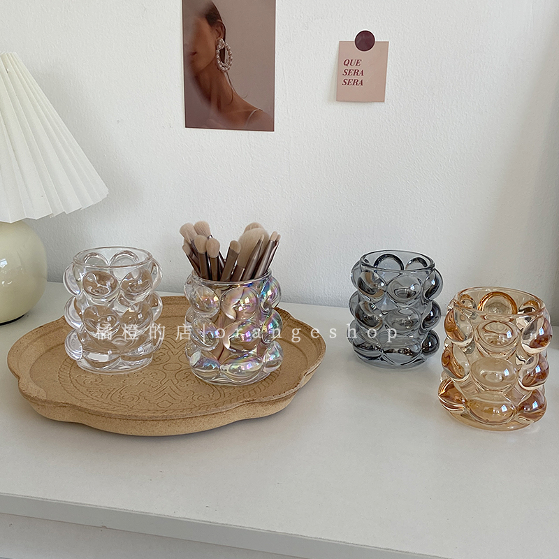 韩国ins透明玻璃笔筒异形珠点圆球收纳筒化妆刷筒拍照道具摆件