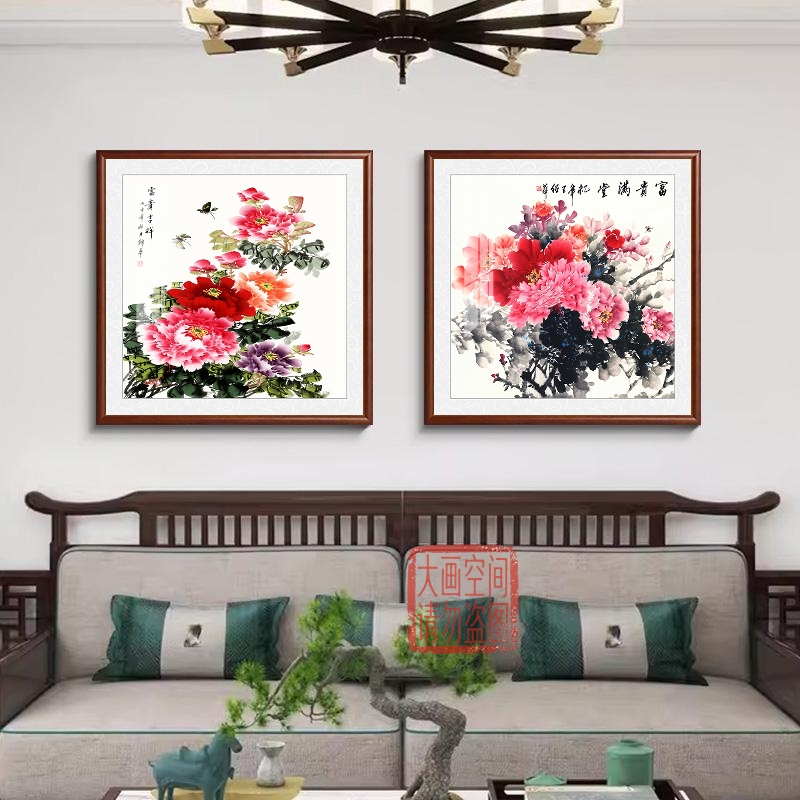 新中式牡丹图玄关装饰画花开富贵客厅壁画走廊过道餐厅正方形挂画图片