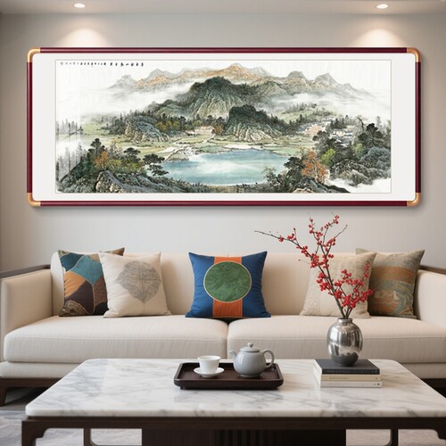 西墙聚宝盆山水画客厅东墙新中式
