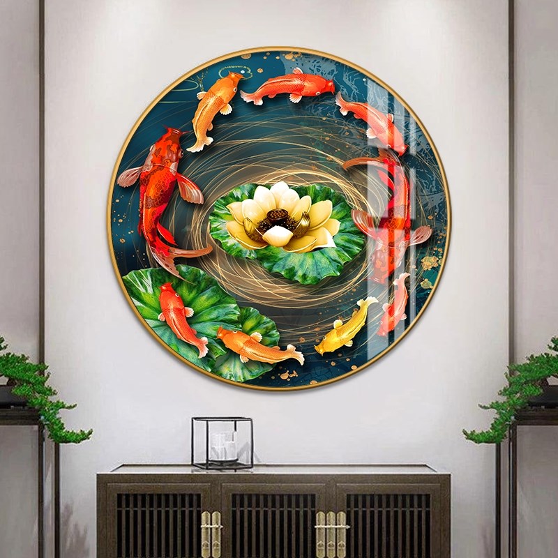 圆形装饰画入门玄关壁画轻奢聚财客D厅走廊挂画餐厅晶瓷镶钻九鱼图片