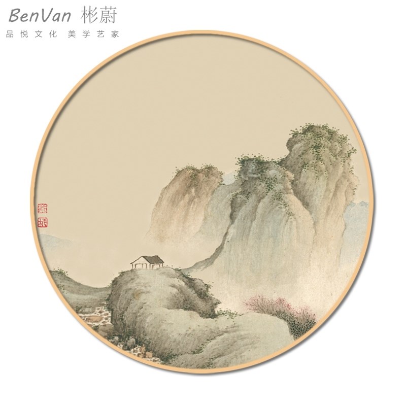 网红新中式圆形国画框装饰画壁画玄E关山水水墨禅意实木挂画中国