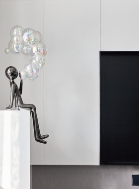 现代抽象落地人物吹泡泡雕塑卡通C售楼处大堂轻奢软装艺术装置摆