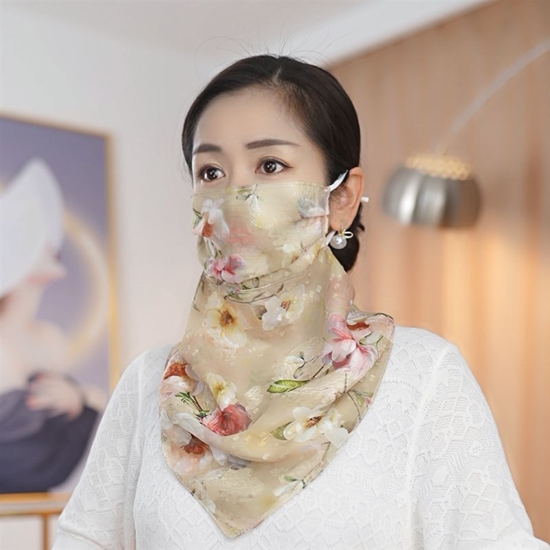 夏季防晒护后脖面罩防r紫外线桑蚕丝薄款透气多功能遮脸丝巾口罩