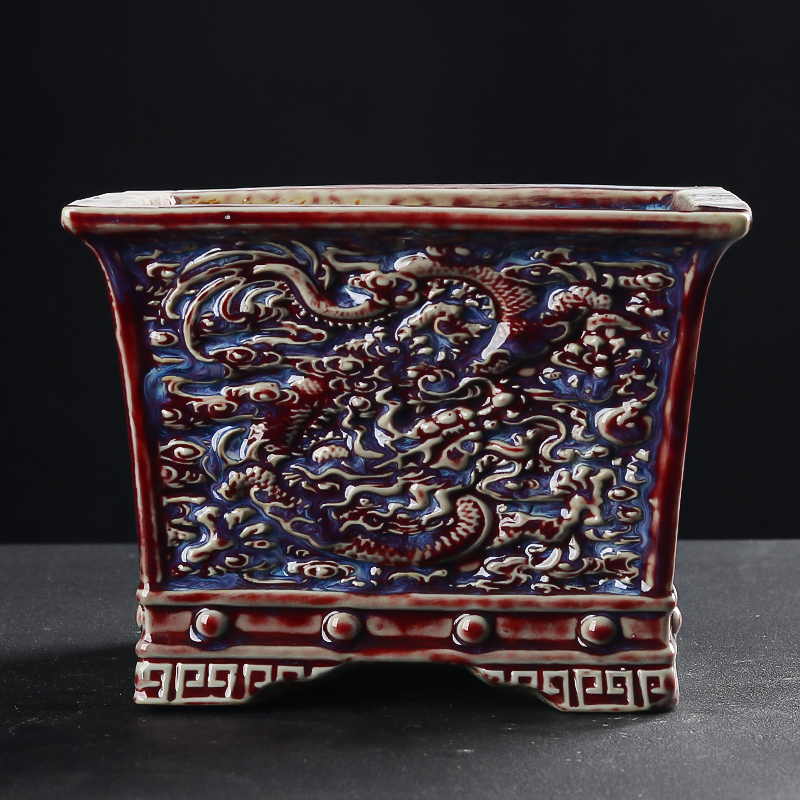 钧瓷青花釉里红四方浮雕龙游s四海花盆陶瓷大造景盆景盆20*20*15c