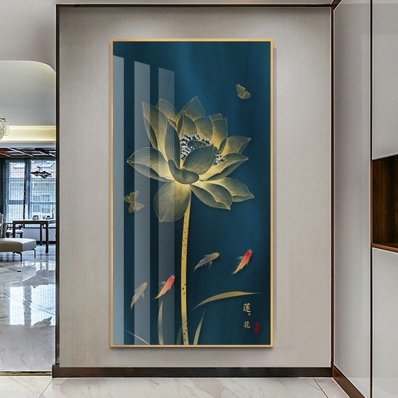 九鱼荷花图玄关装饰画客厅u现代新中式禅意茶室挂画背景墙壁晶瓷图片