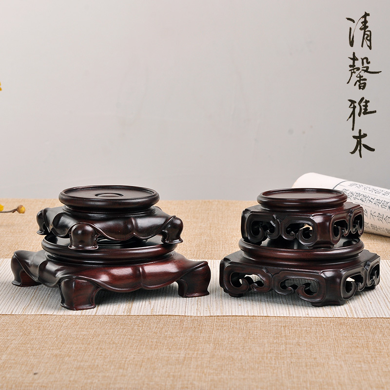 整木玉器奇石头茶壶香炉花瓶花y盆景摆件底座红木圆形实木托架复