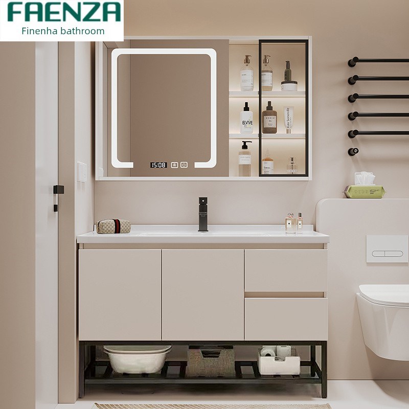 Faensa智能轻奢奶油风格陶瓷一体化面J盆实木洗手洗脸台浴室柜组