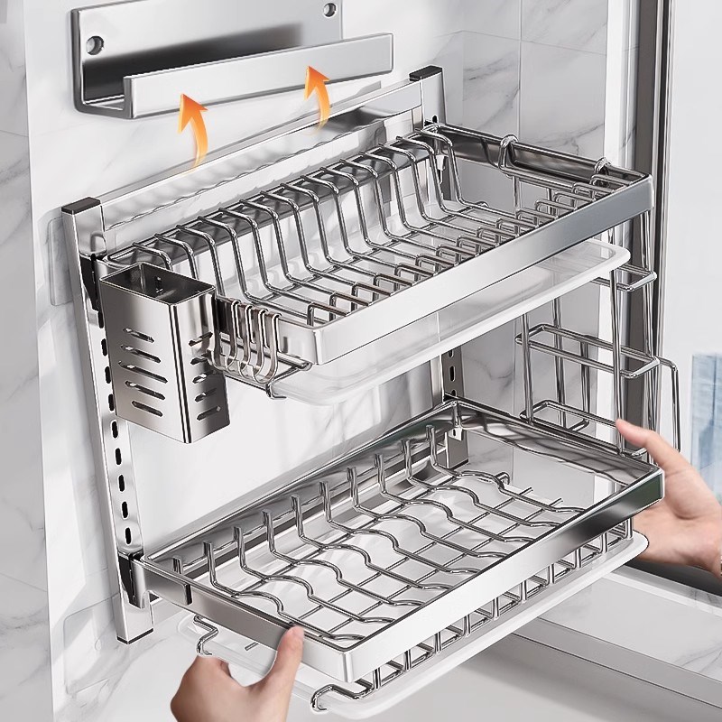 不锈钢碗碟收纳架厨n房置物架壁挂式免打孔碗架放碗筷碗盘沥水架