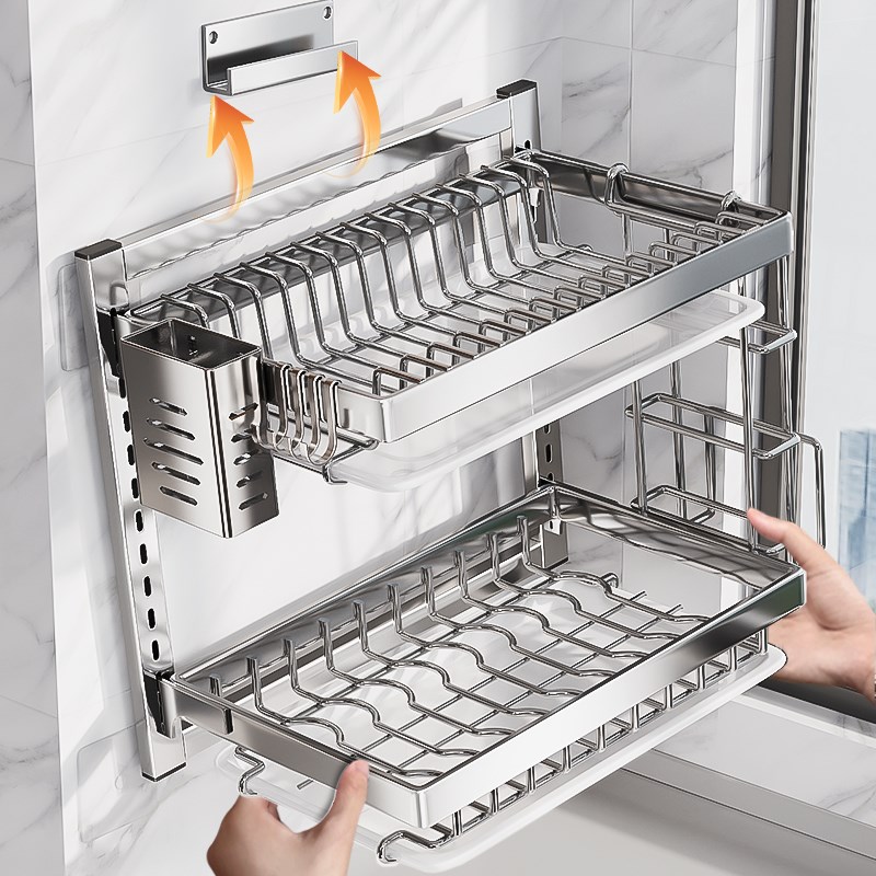 不锈钢碗碟收纳架厨房置物架壁挂式免打孔碗架R放碗筷碗盘沥水架