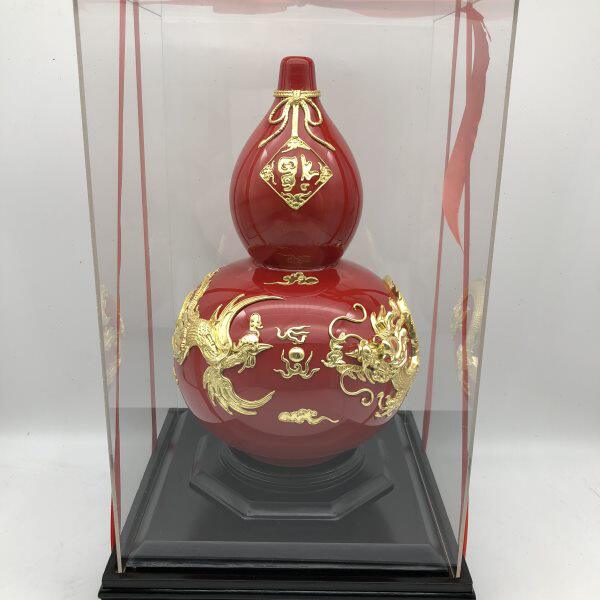 厦门漆线雕红釉葫芦瓶摆件陶瓷工艺品过节送礼祝寿乔迁搬家结婚