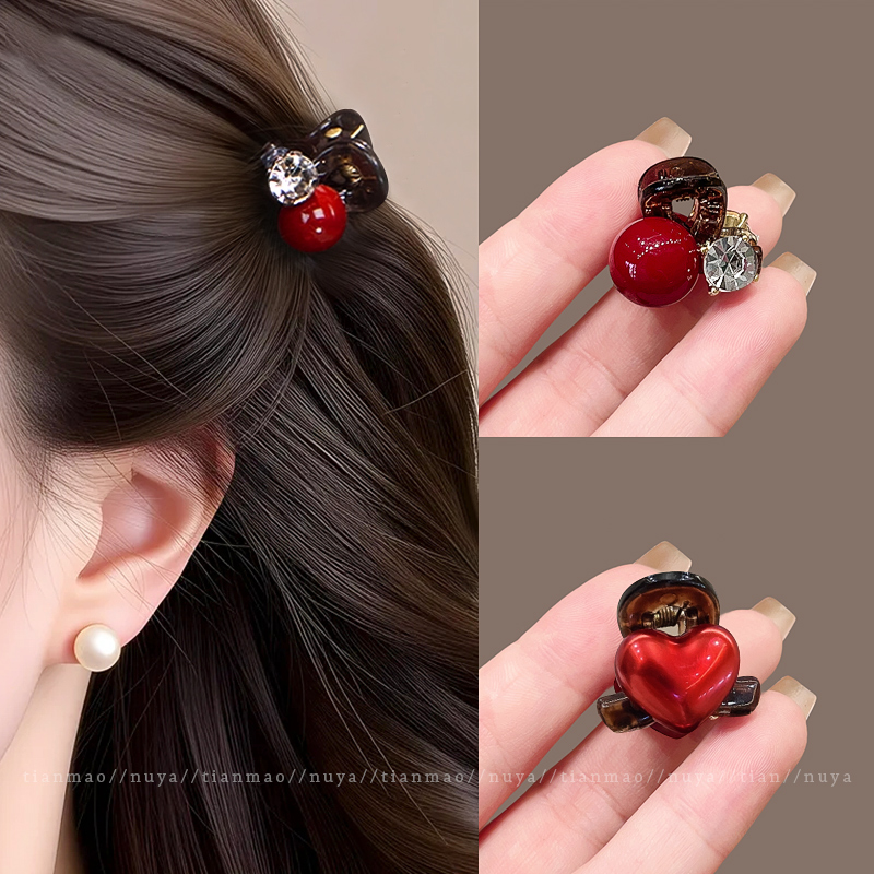 红色珍珠水钻小抓夹女刘海夹发夹