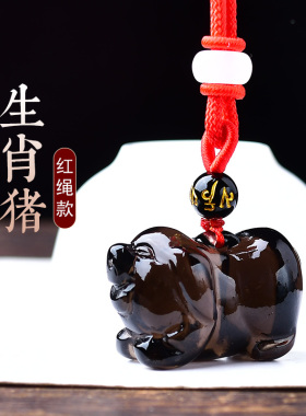 天然黑曜石猪吊坠十二生肖