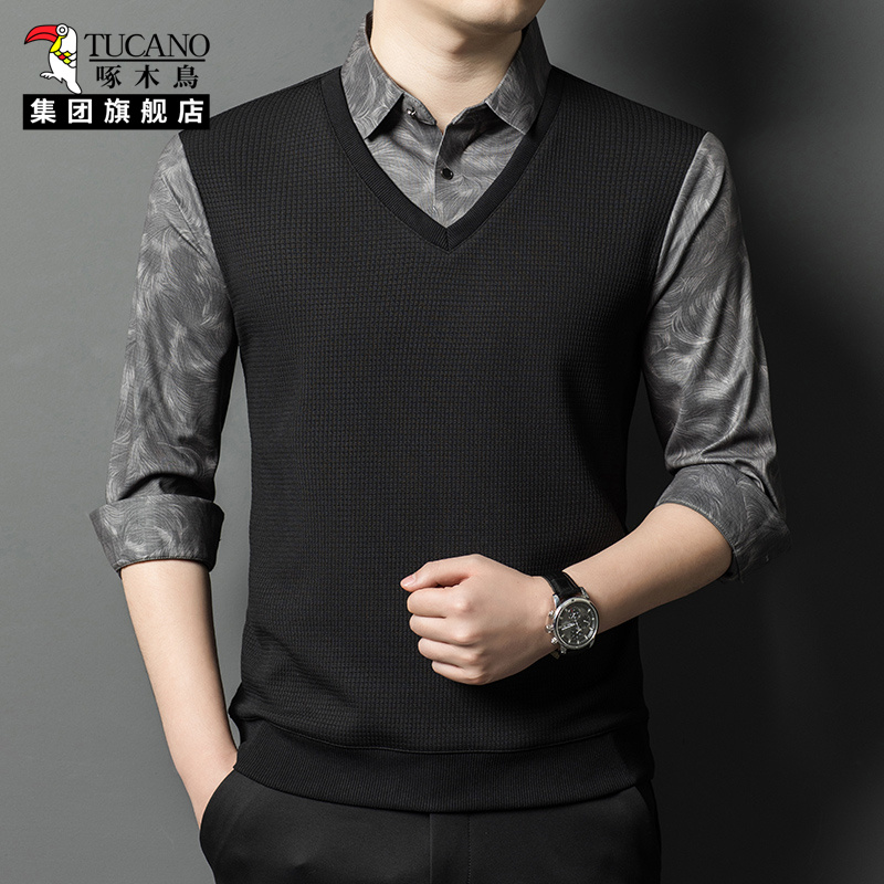 啄木鸟假两件长袖t恤男士polo衫