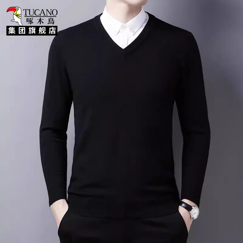 啄木鸟2025秋冬季男装纯色v领中青年鸡心领男士针织衫毛衣打底衫