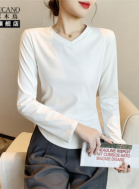 啄木鸟打底衫女士加绒2025新款冬季白色德绒爆款内搭V领长袖T恤FA