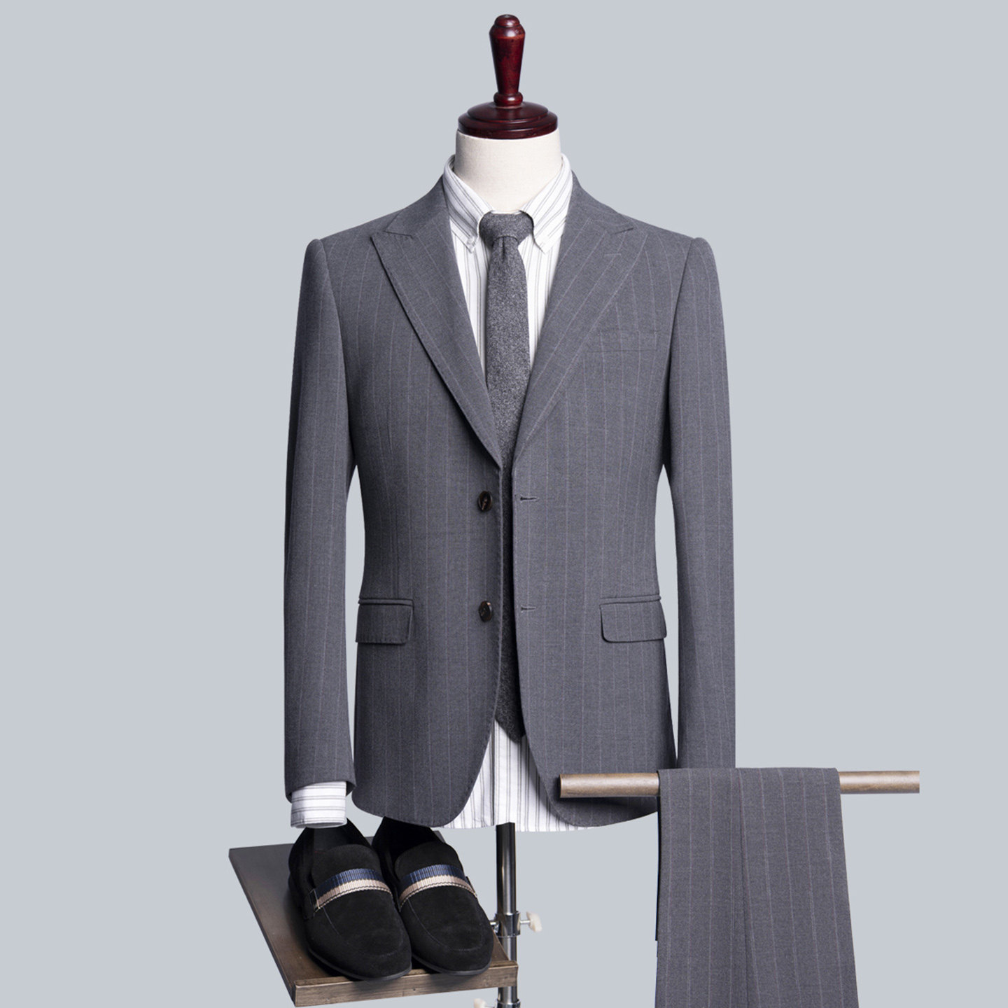 商务风灰色条纹西装套装男修身正装新郎伴郎结婚礼服上班工作服LQ