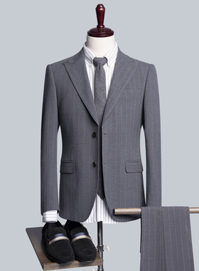 商务风灰色条纹西装套装男修身正装新郎伴郎结婚礼服上班工作服LQ